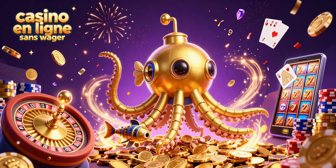 Plongez dans le monde du casino en ligne sans wager avec un kraken doré et des pièces brillantes.