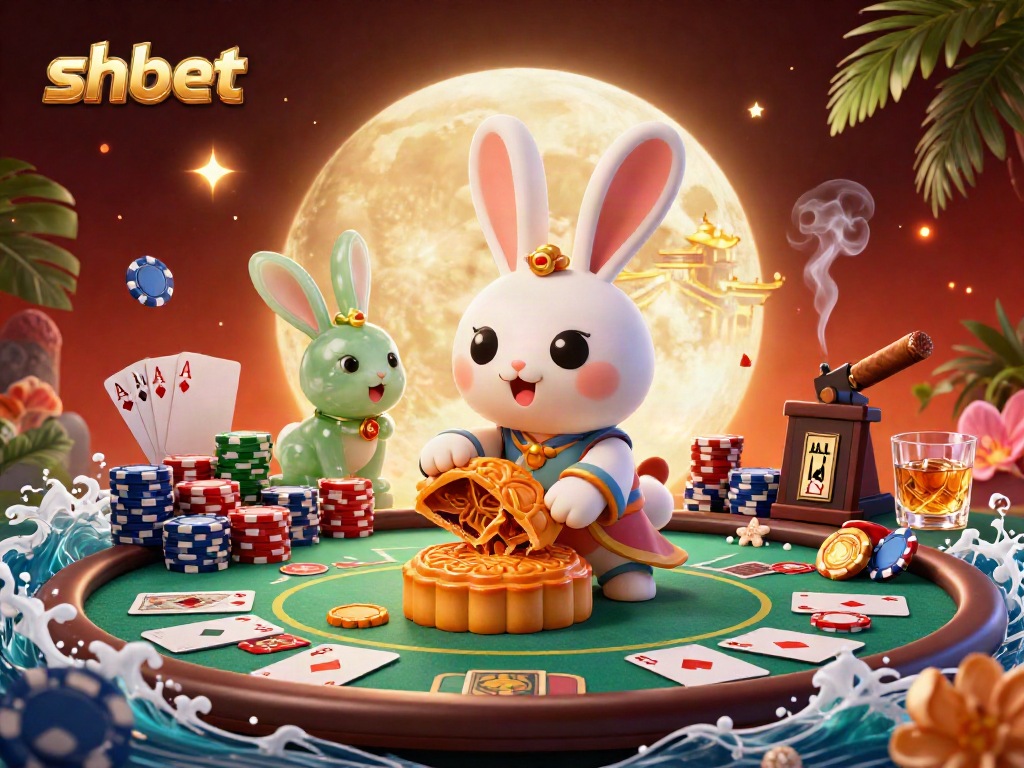 Experience shbet's thrilling moon-themed casino adventure with poker chips and vibrant characters.