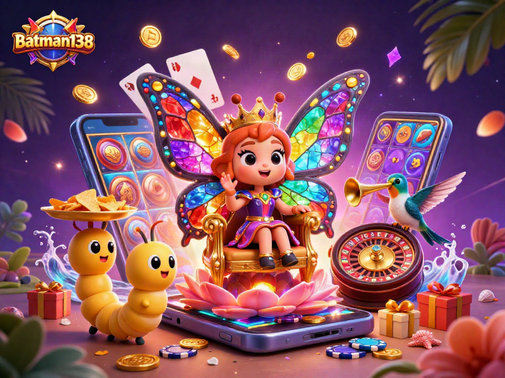 Engage with batman138's vibrant, cartoon illustration showcasing dynamic slot gaming elements and enchanting characters.