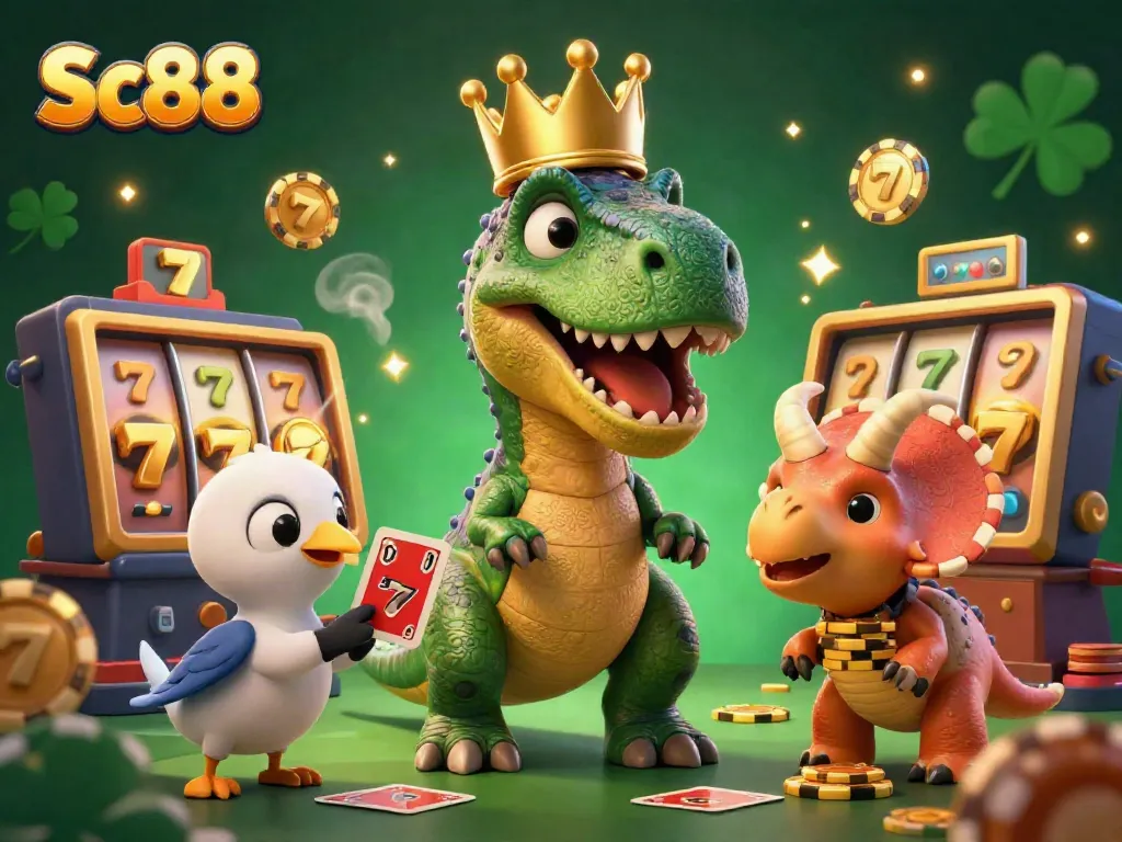 Cute T-Rex shuffling cards and colorful scenes representing Sc88 in a vibrant casino setting.