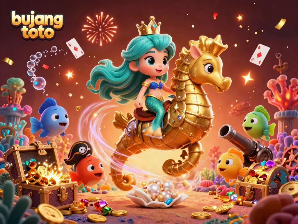 Bujang toto inspired illustration featuring a mermaid princess and colorful fish in a treasure-filled underwater scene.