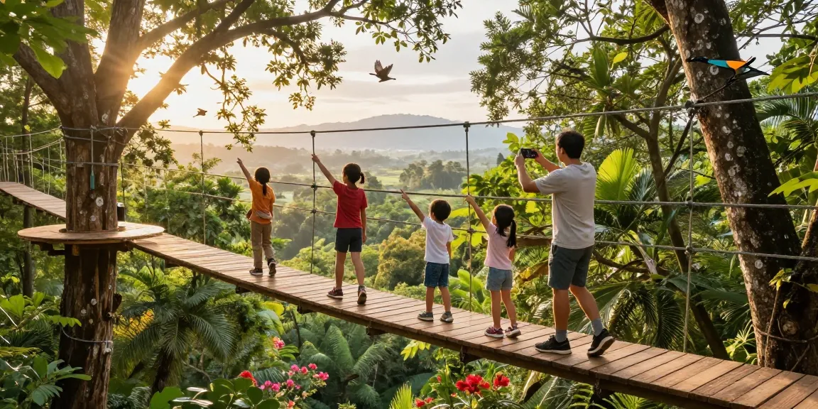 Family enjoying a Treetop Walkway experience surrounded by vibrant trees.