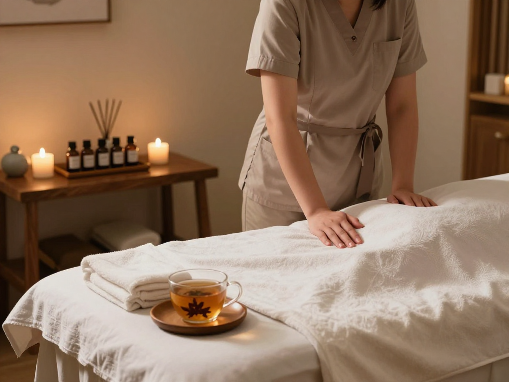 Relaxing spa therapy session highlighting mantra 88 and therapeutic oils.