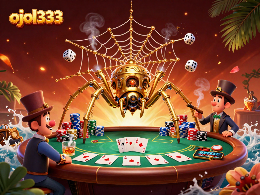 Engage in thrilling gaming action with ojol333, featuring a whimsical steampunk spider and poker elements.