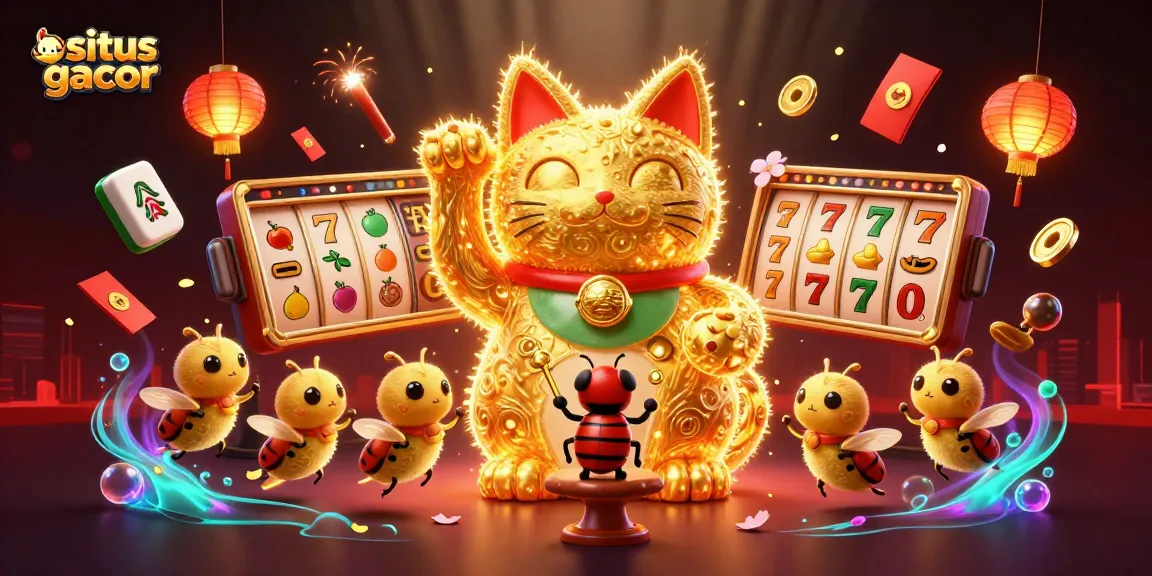 Experience situs gacor with a charming lucky cat surrounded by rich casino symbols.