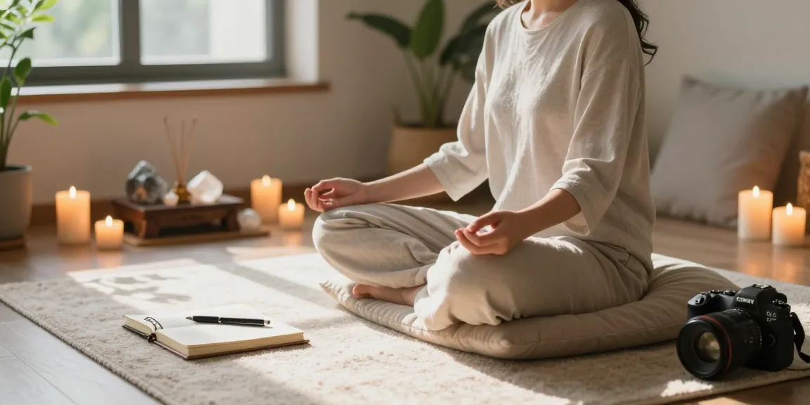 Individual meditating in a serene space with mantra 88 elements, candles, and plants.