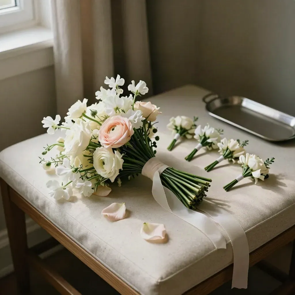 Bridal bouquet, boutonnieres, and aisle stems on a cream bench in soft daylight