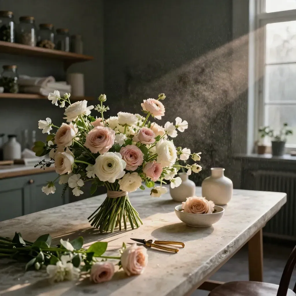 Bridal bouquet, roses, ceramic vessels and brass snips on a stone floristry table in moody studio light.