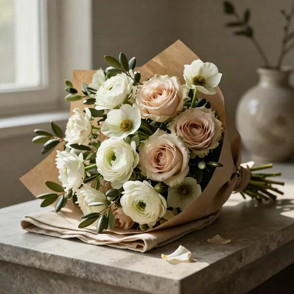 Macro bouquet of roses, ranunculus, hellebores and olive cuttings on stone with linen.