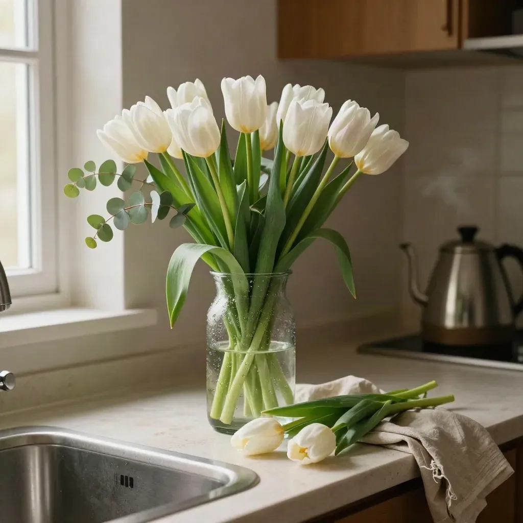 Tulips and eucalyptus in a recycled glass vase on a kitchen counter with steam and spare stems.