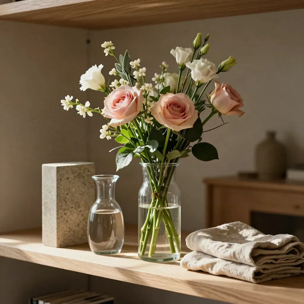 Tall vase and bud vase styling on a sunlit shelf with linen and stone.