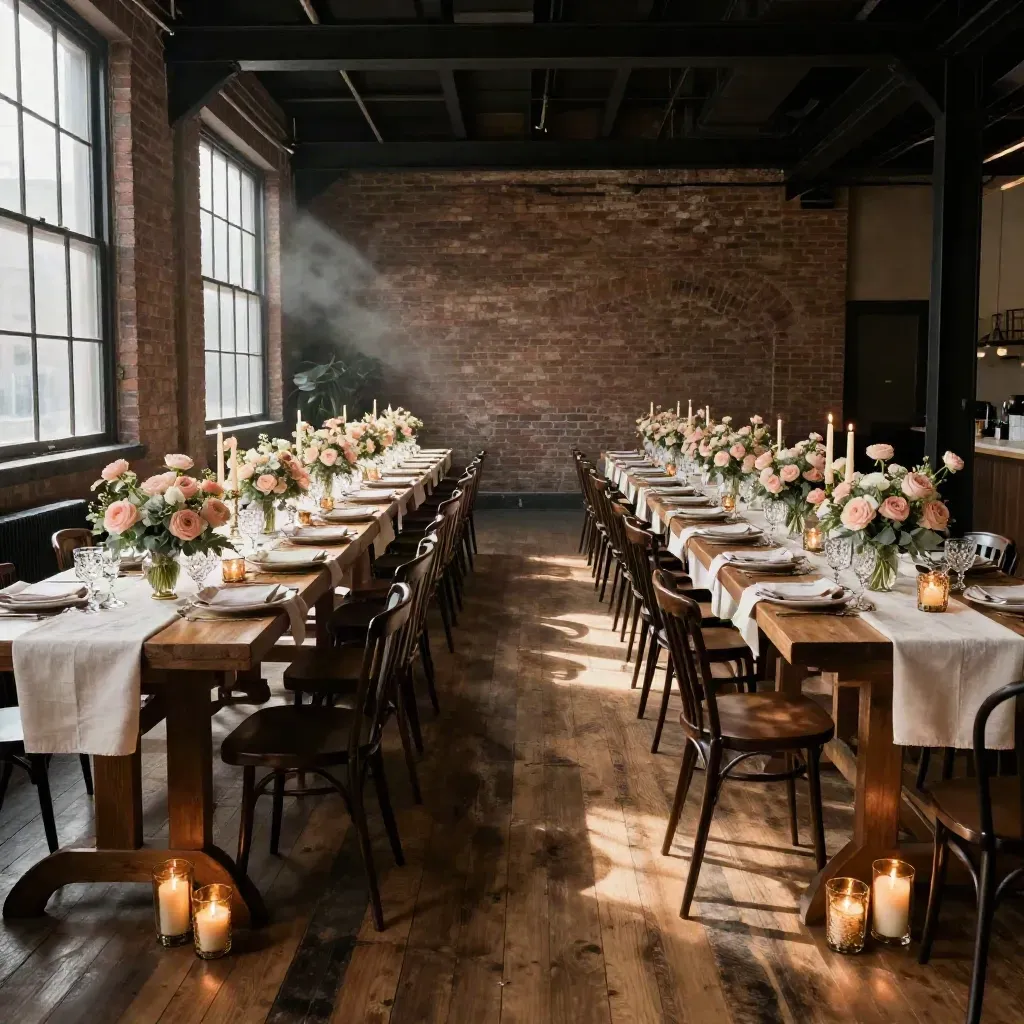 Empty Brooklyn loft wedding reception with blush-and-sage tables, candles, and brick walls