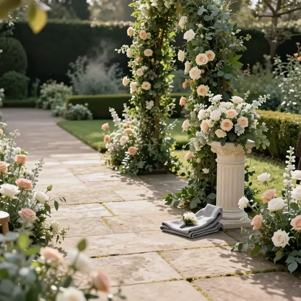 Bridal bouquet, aisle stems, and boutonnieres arranged at a garden arch in soft light.