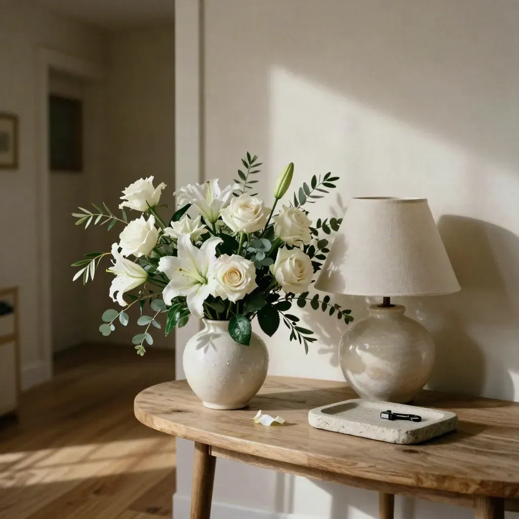 White sympathy flowers on a quiet entry table beside a lamp and keys tray