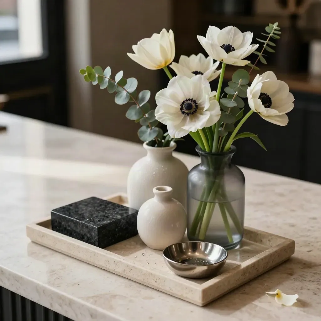 Macro floral lobby vignette with cream vases, white blooms, stone tray, and pewter accents.