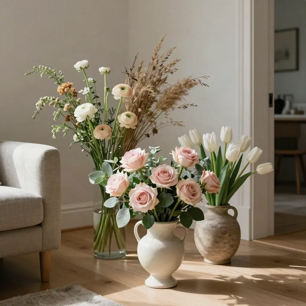 Three fresh vases of seasonal flowers in a bright apartment corner with soft morning light.