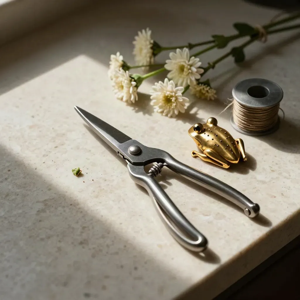 Macro still life of floral shears, a brass flower frog, and wire spools on a stone bench.