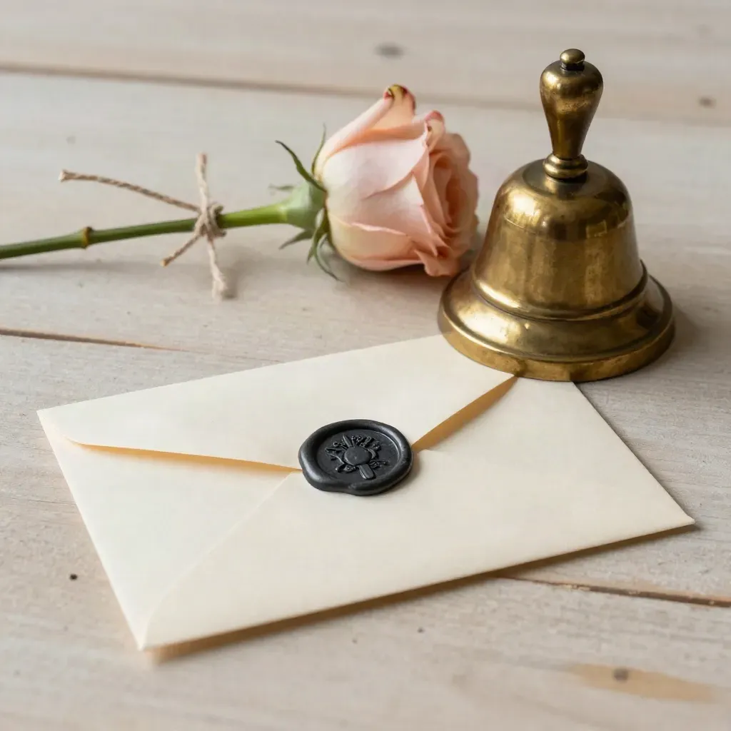 Wax-sealed envelope, brass bell, and twine-tied blush rose on pale wood with soft daylight.