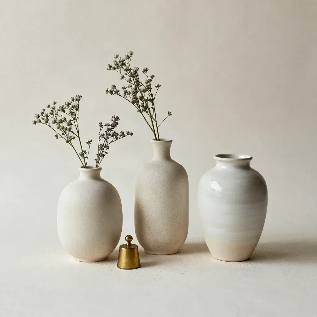 Three sample vases, brass weight, and test blooms on a pale plaster surface
