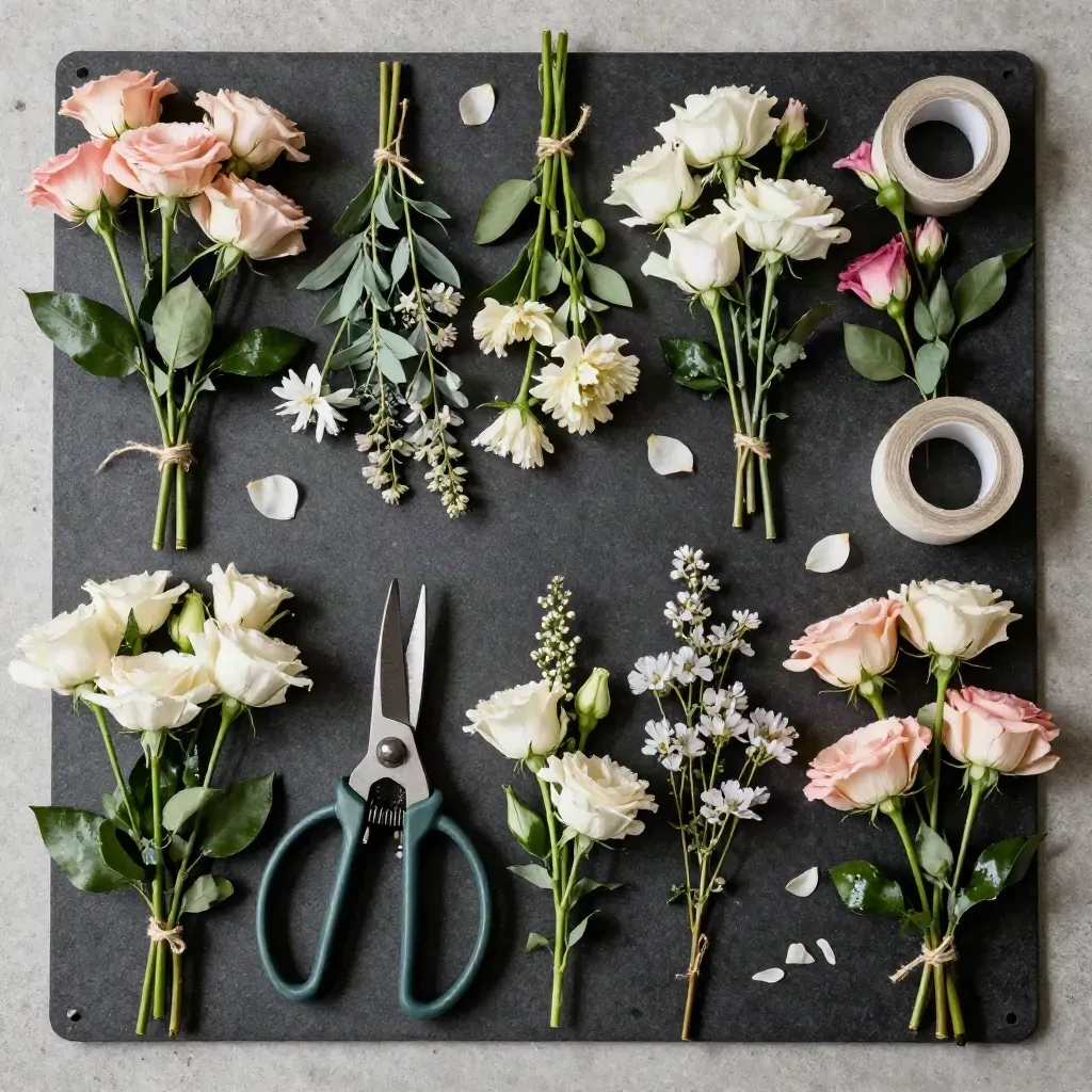Overhead floristry flatlay with shears, stem bundles, floral tape and cut blooms on a potting mat