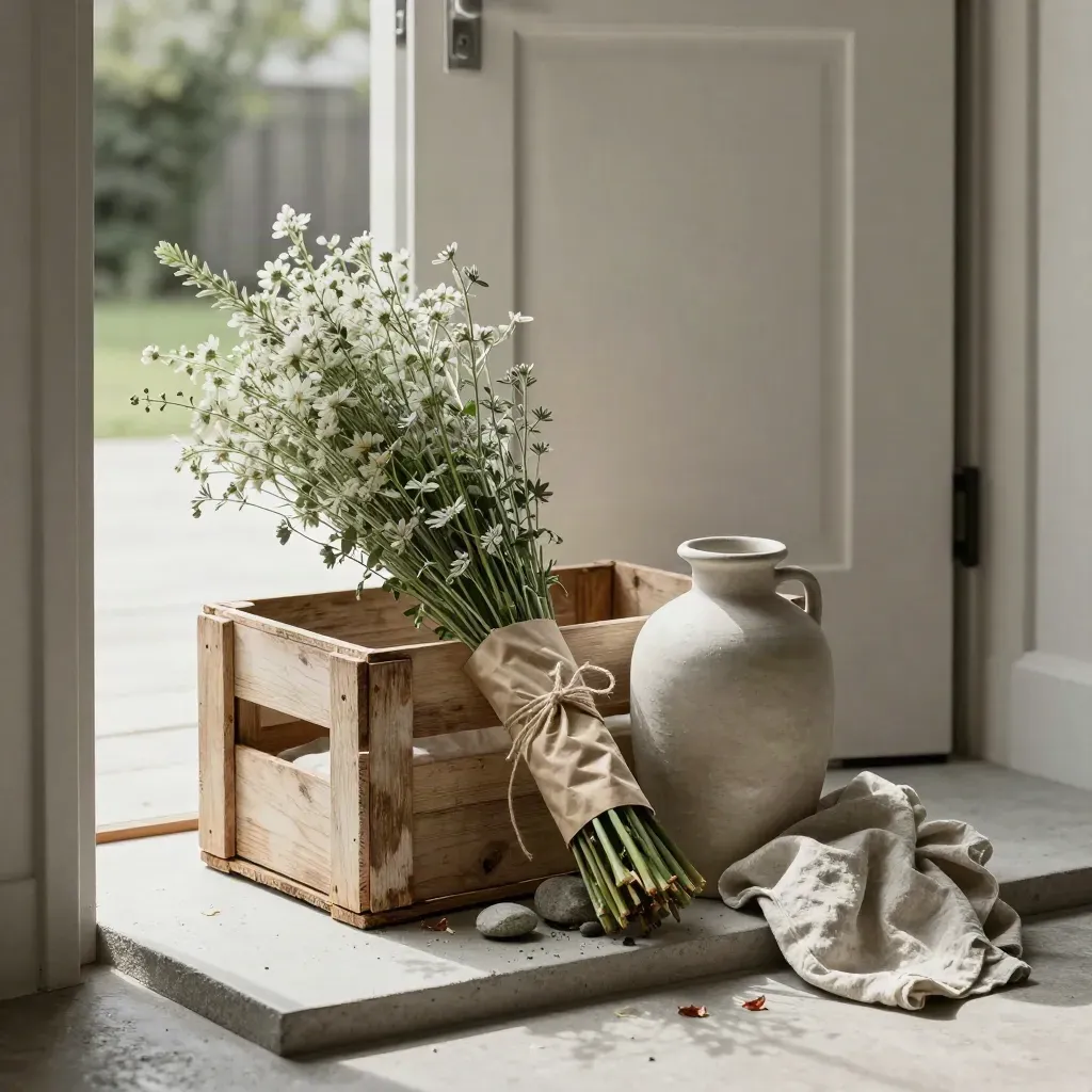 Delivery crate, vase, and wrapped stems at a doorway threshold with soft side light.