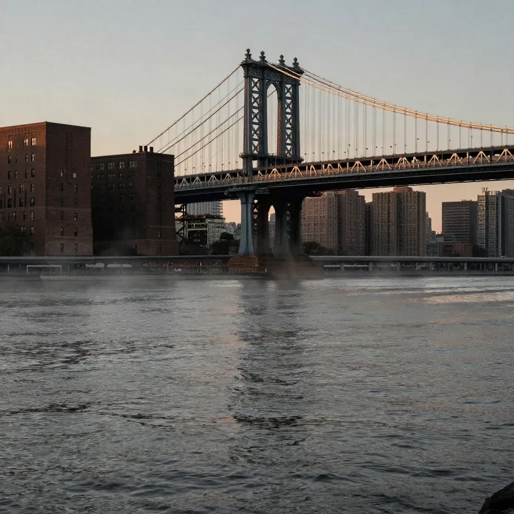 Manhattan Bridge and DUMBO rooftops in blue-hour mist over the East River at sunrise.