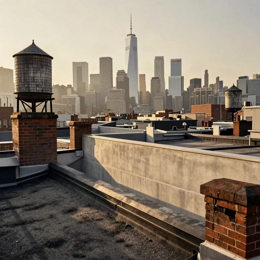 Hazy Manhattan rooftops at golden hour with One World Trade above SoHo and Tribeca.