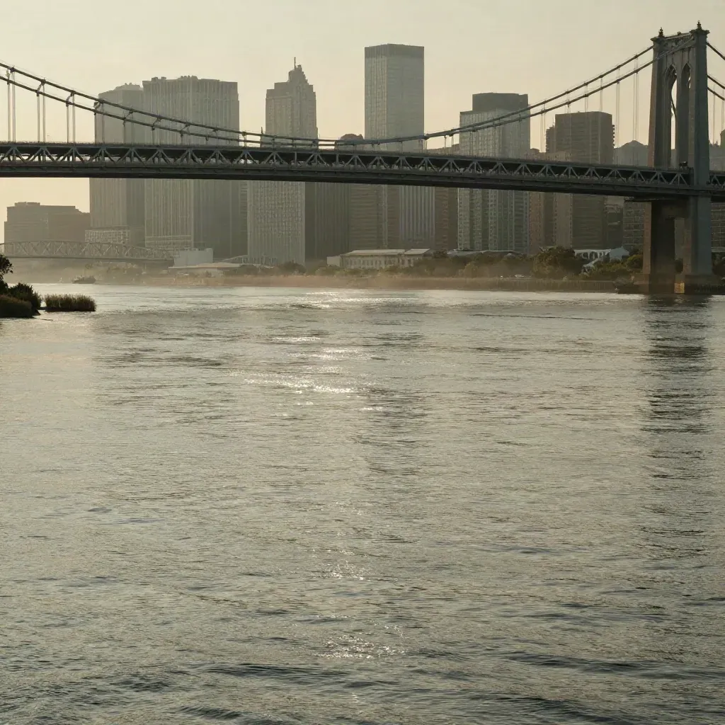 Queens waterfront with the 59th Street Bridge and Midtown skyline in late afternoon haze.