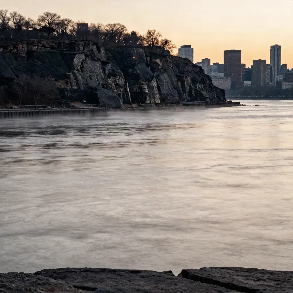 Hudson River Palisades and Manhattan skyline at dusk, haze over calm water, lights beginning to sparkle