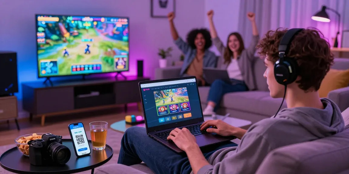 Player using slot deposit QRIS on a laptop in a cozy gaming setup with snacks.
