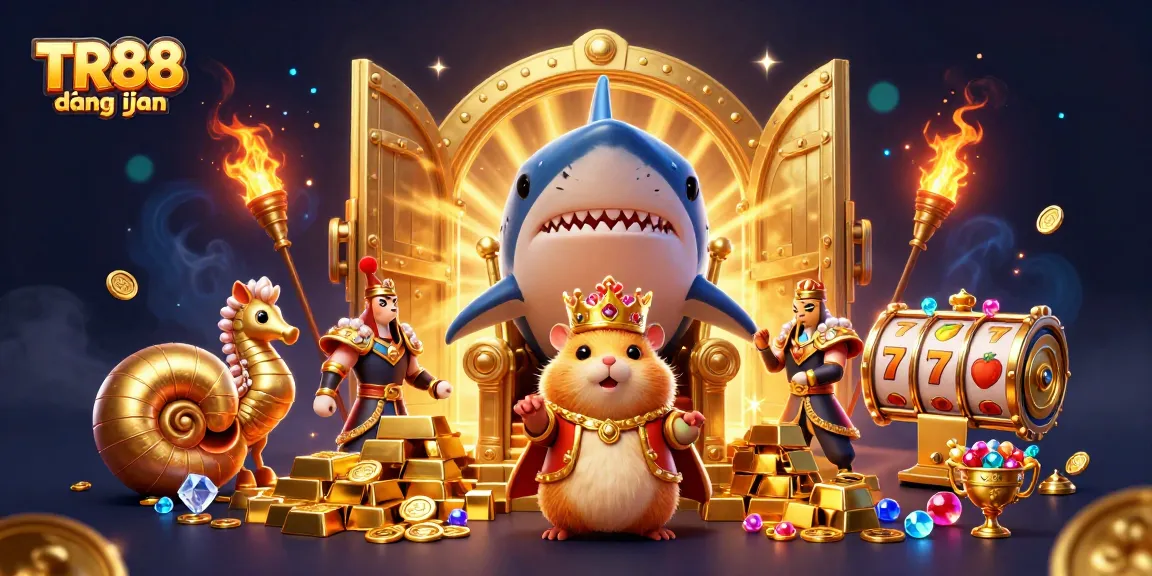 Join the excitement at TR88 đăng nhập, featuring a golden hamster king in a vibrant casino treasure scene.