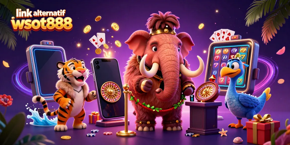 Jelajahi link alternatif wslot888 dengan bouncer mamut dan tamu VIP dalam ilustrasi kasino yang ceria.