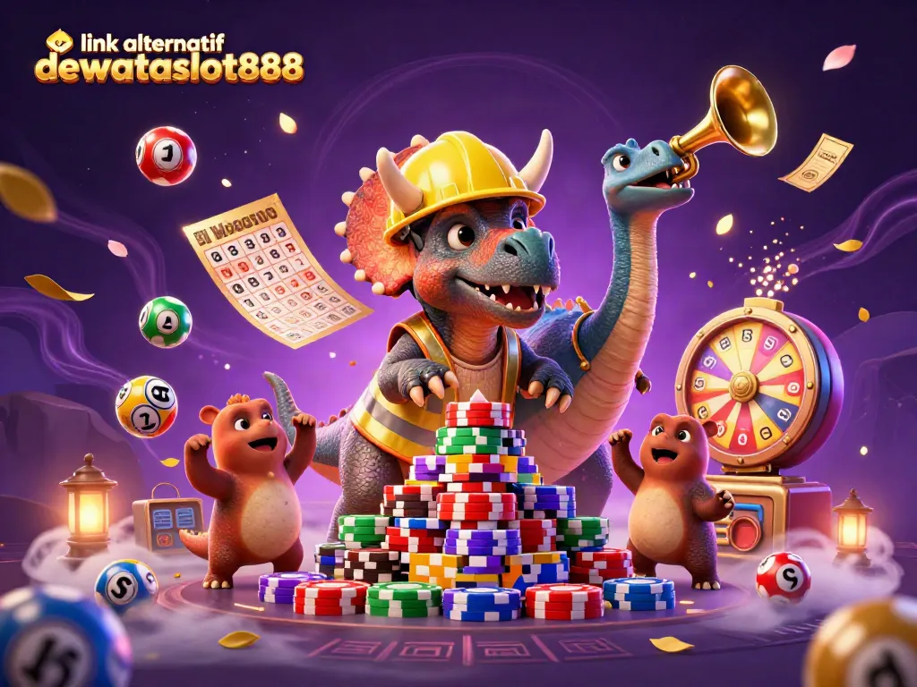 Rayakan kemenangan dengan link alternatif dewataslot888, ilustrasi kartun digital yang menampilkan keseruan permainan slot.