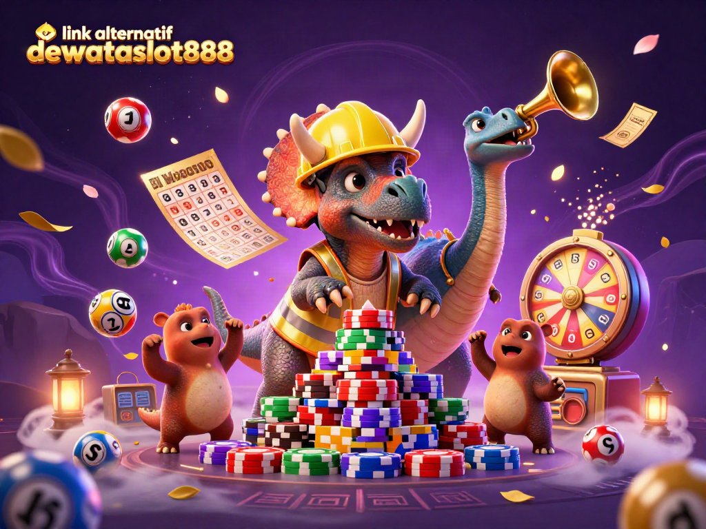 Rayakan kemenangan dengan link alternatif dewataslot888, ilustrasi kartun digital yang menampilkan keseruan permainan slot.