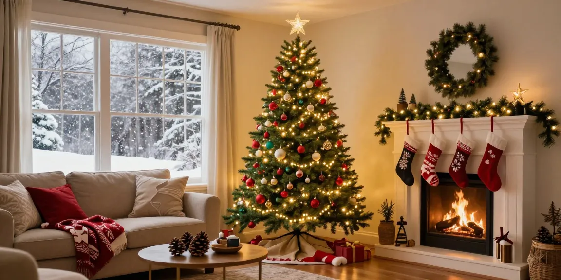 Tall skinny Christmas tree decorated with lights and ornaments in a cozy holiday living room.