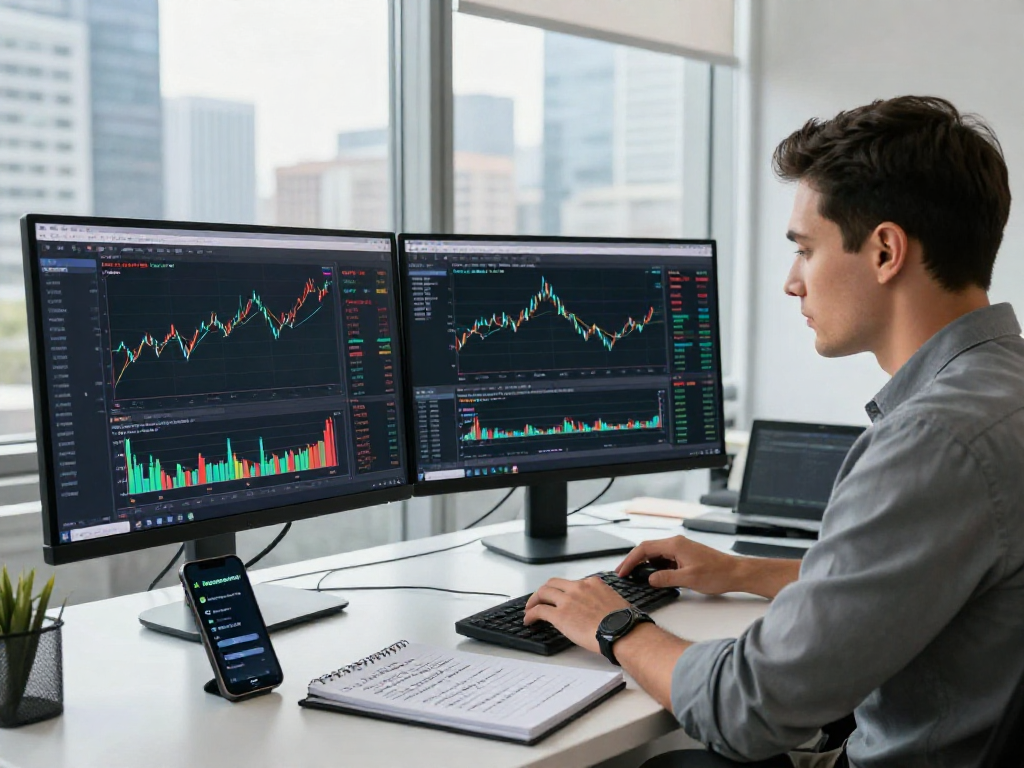 Trader analyzing TradingView charts on multiple monitors with market data displayed.