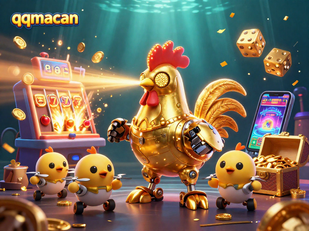 Engage with qqmacan as the golden rooster robot shoots laser beams amid a dazzling casino explosion.