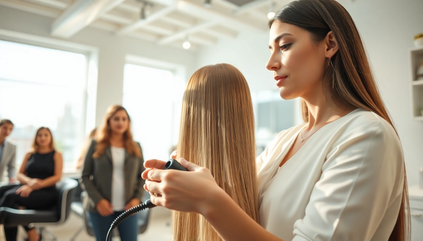 Transform hair with Brazilian hair straightening technique in a modern salon setting.
