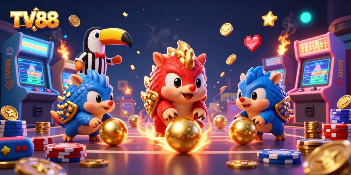 TV88 pangolins bowling poker chips amidst colorful gaming elements in a thrilling casino scene