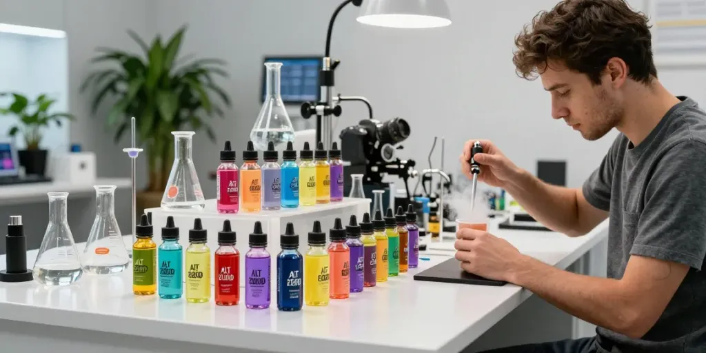 Creating Alt Zero E-Liquid 100mls in a modern vape lab with colorful bottles and a skilled mixologist.