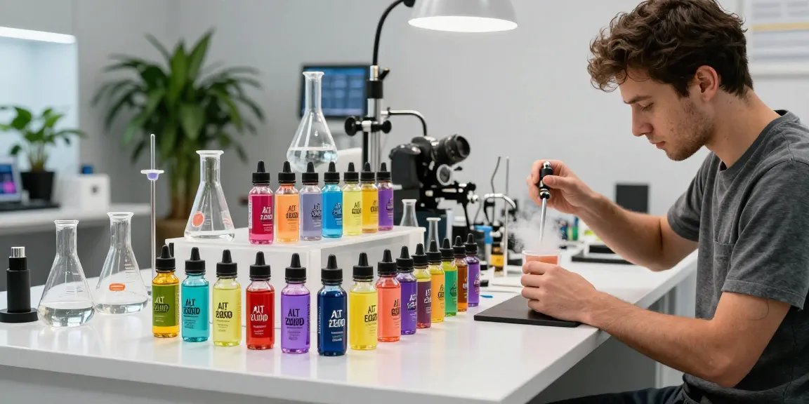 Creating Alt Zero E-Liquid 100mls in a modern vape lab with colorful bottles and a skilled mixologist.