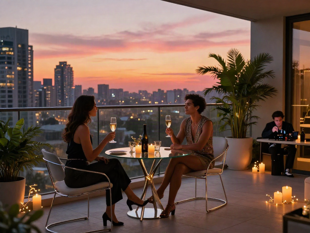 Pasangan menikmati LUXURY 111 dengan champagne di balkon apartemen mewah saat matahari terbenam.