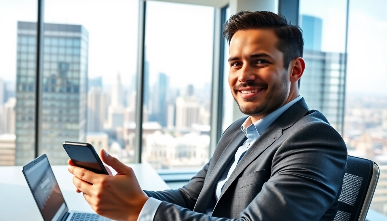 Explore business mobile contracts UK in modern office setting with a professional businessman using smartphone.