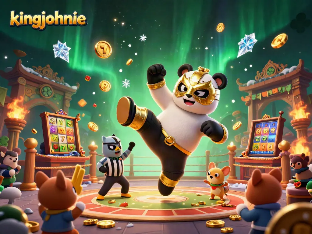 Engage in thrilling gameplay at kingjohnnie with a dynamic casino scene featuring exciting slots and vibrant characters.