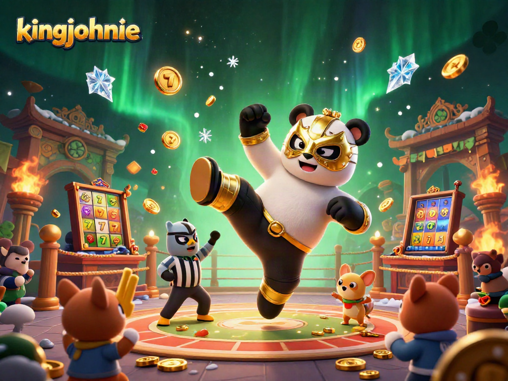 Engage in thrilling gameplay at kingjohnnie with a dynamic casino scene featuring exciting slots and vibrant characters.