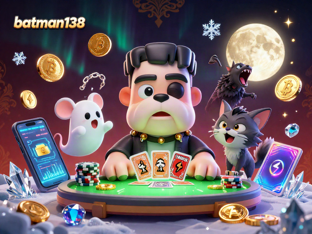 Permainan seru batman138 dengan Frankenstein bulldog dan tokoh menarik lainnya di meja kartu.