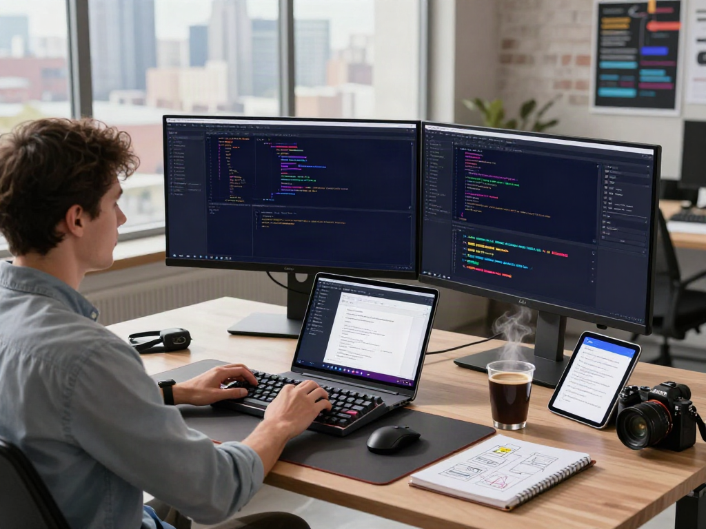 Developer coding with dual monitors in a modern workspace, showcasing coding and design elements.