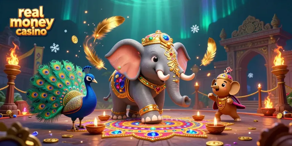 Engage with exciting real money casino games in a vibrant 3D scene featuring a festive elephant and peacock.