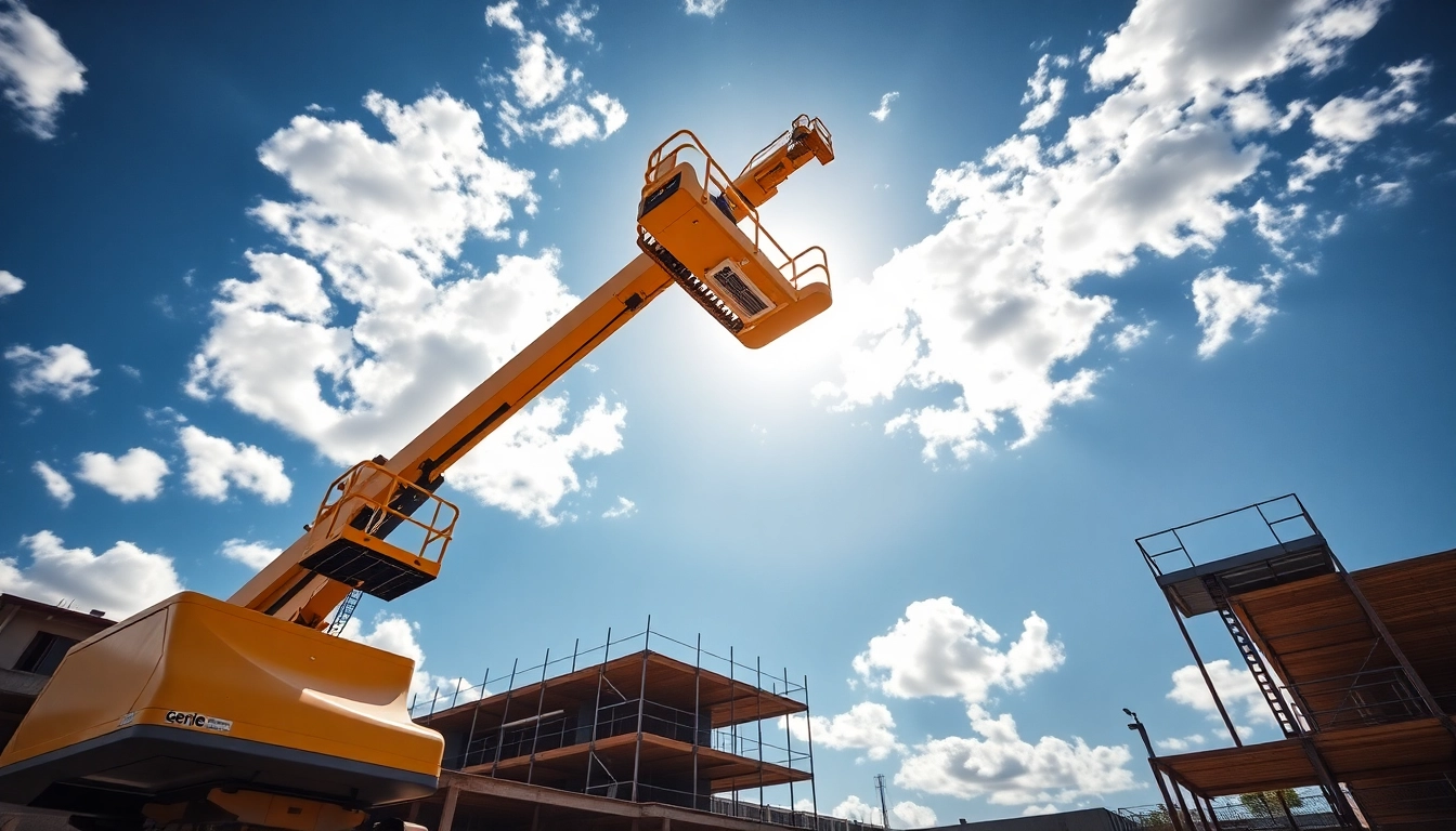 Efficient genie boom lift elevating workers at a construction site under bright sunlight.