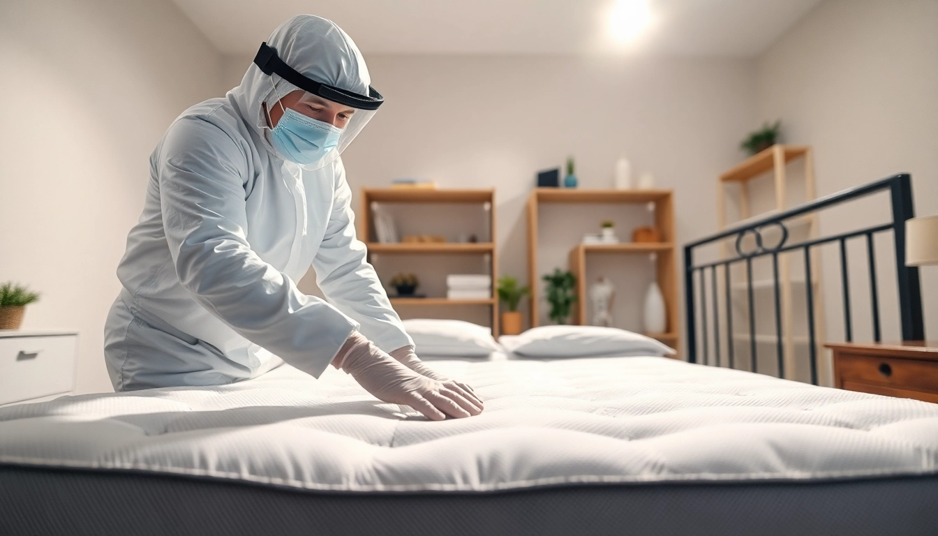 Professional applying bed bug treatment in a clean bedroom, showcasing expert pest control.